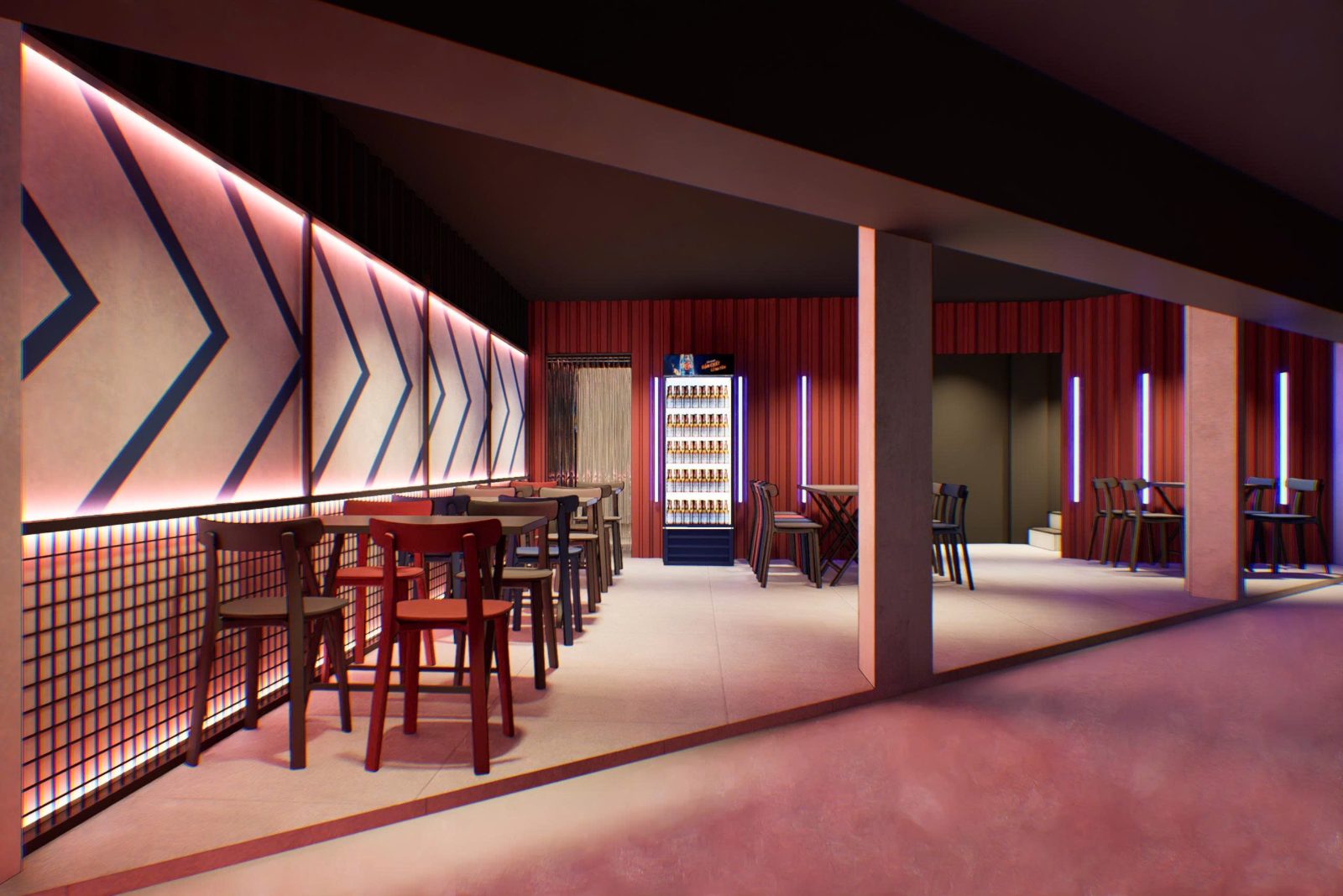 Ngoc Huong interior — backlit chevron wall and cold beer fridge